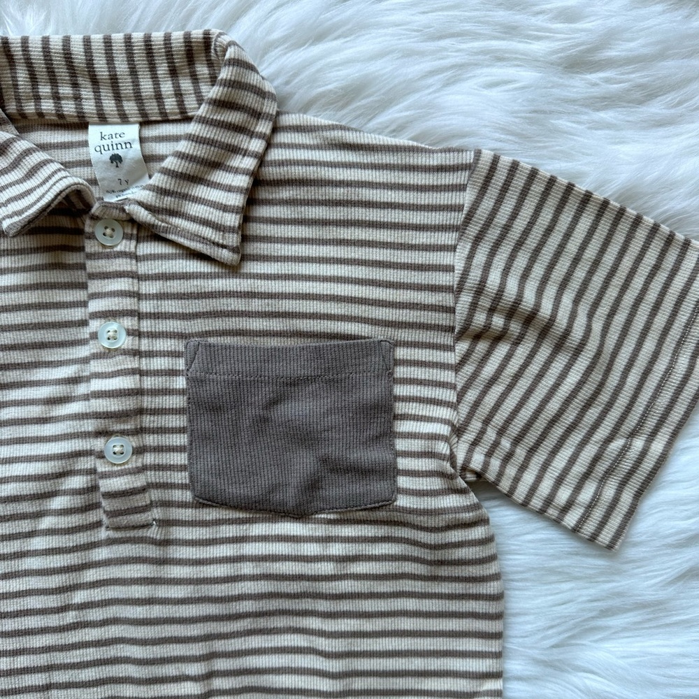 Kate Quinn Striped Polo Shirt - Size 7y - Brown/Beige